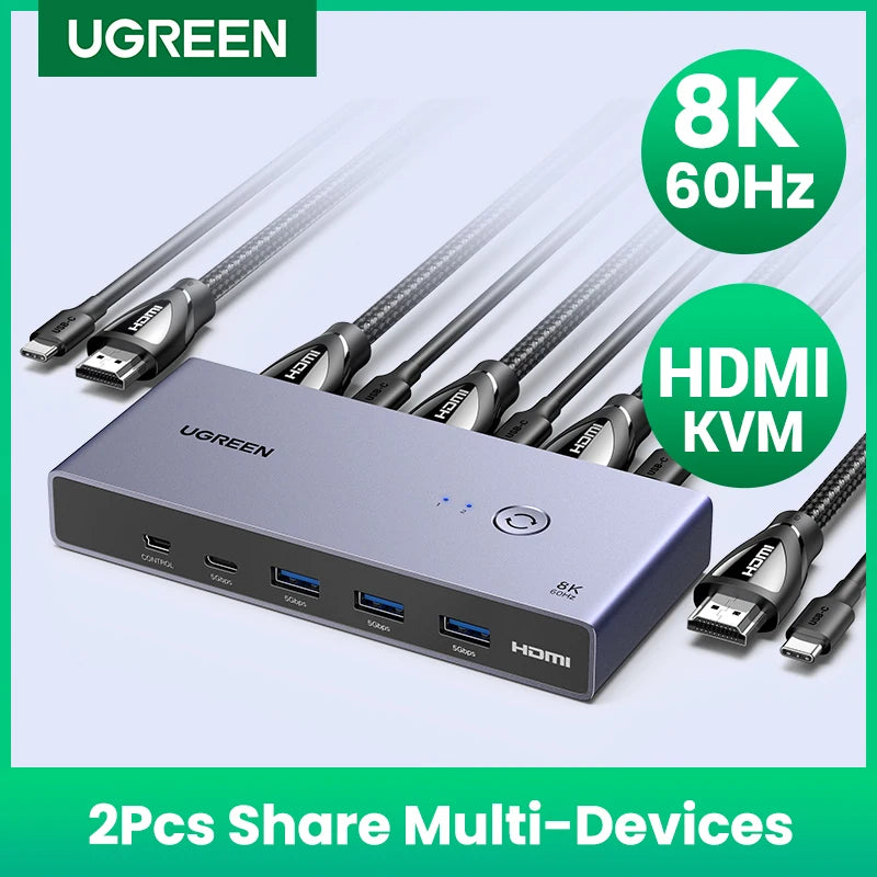 8K 60Hz HDMI KVM Switch USB C USB3.0 KVM Switcher 2 Pcs Sharing 1 Monitor,Printer,Keyboard,Mouse Support 3D ,HDR Vision