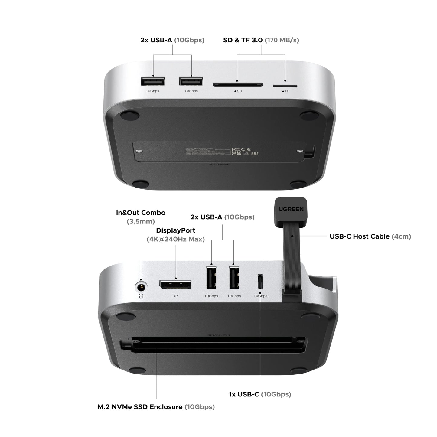USB HUB Mac Mini Docking Station Type-C to DP 4K240Hz M.2 Nvme SSD Slot 10Gbps USB-A Splitter SD&TF 3.5MM for Mac Mini M4