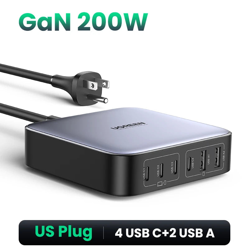 200W Gan Charger Desktop Laptop Fast Charger 6 in 1 Adapter for Iphone 16 15 Pro Xiaomi Samsung Tablets Macbook Charger