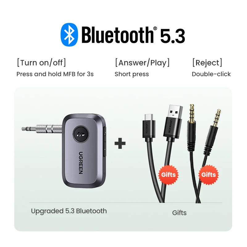 Bluetooth Car Receiver Adapter 3.5Mm AUX Jacks for Car Speakers Audio Music Receiver Hands Free Bluetooth 5.3 Adapter