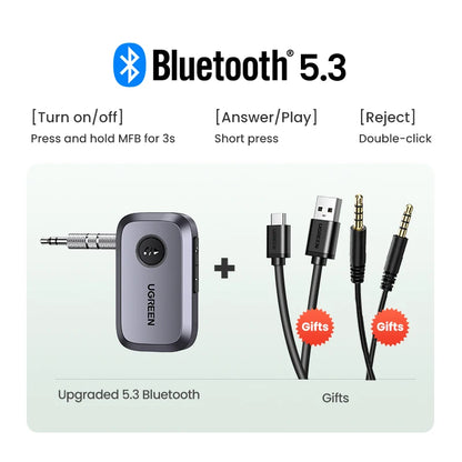 Bluetooth Car Receiver Adapter 3.5Mm AUX Jacks for Car Speakers Audio Music Receiver Hands Free Bluetooth 5.3 Adapter