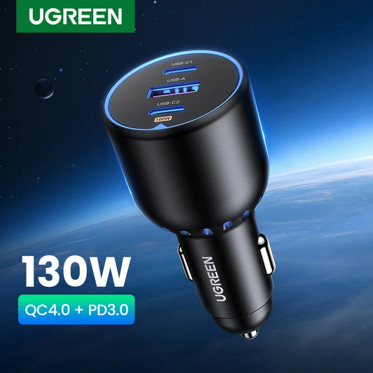 UGREEN 130W USB C Car Charger for Xiaomi Iphone 15 Samsung Galaxy S24 Laptops Tabet PD3.0 Fast Charging USB Type C Car Charger