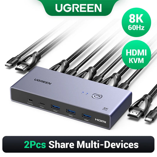 8K 60Hz HDMI KVM Switch USB C USB3.0 KVM Switcher 2 Pcs Sharing 1 Monitor,Printer,Keyboard,Mouse Support 3D ,HDR Vision