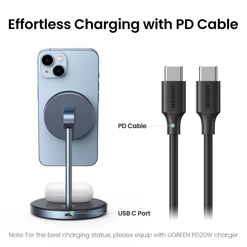 UGREEN Magnetic Wireless Charger Stand 20W Max 2-In-1 Charging Stand for Iphone 15 16 Pro Max/Iphone 14/Airpods Fast Charger