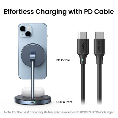 UGREEN Magnetic Wireless Charger Stand 20W Max 2-In-1 Charging Stand for Iphone 15 16 Pro Max/Iphone 14/Airpods Fast Charger