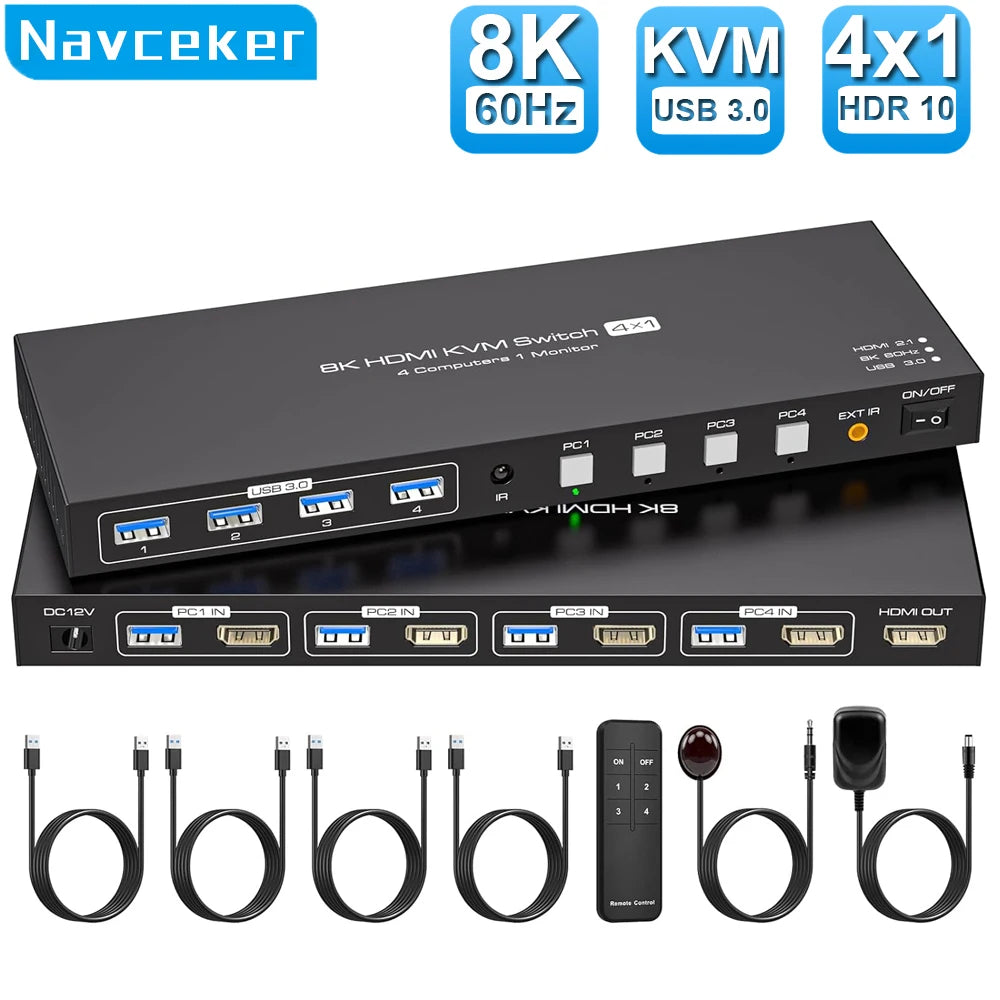 8K HDMI KVM Switch 1 Monitors 4 Computers 4K 144Hz 4X1 USB 3.0 KVM Switch for 4 PC Share Keyboard Mouse