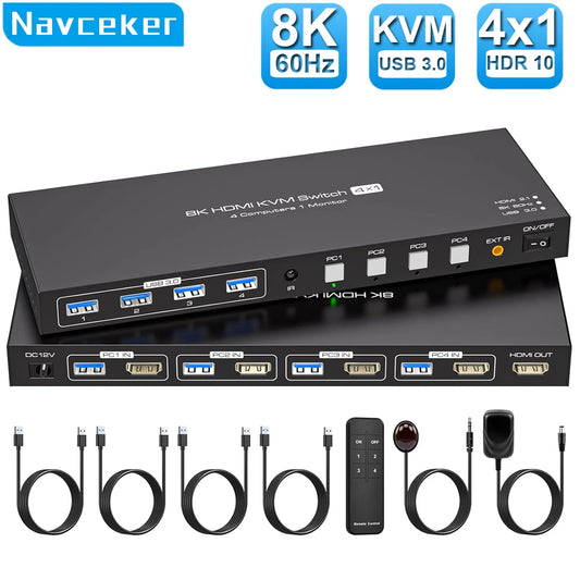 8K HDMI KVM Switch 1 Monitors 4 Computers 4K 144Hz 4X1 USB 3.0 KVM Switch for 4 PC Share Keyboard Mouse