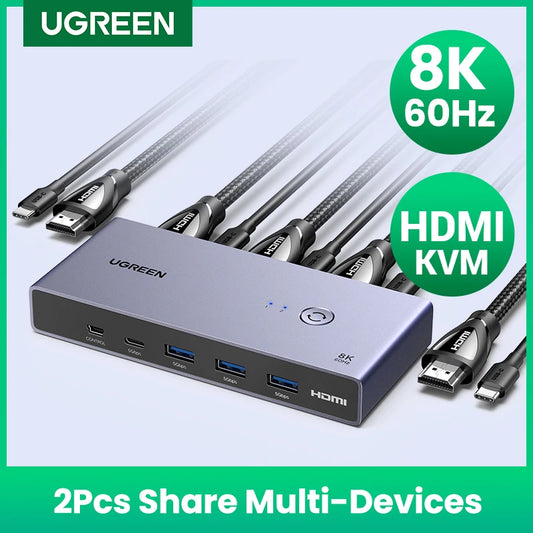 8K 60Hz HDMI KVM Switch USB C USB3.0 KVM Switcher 2 Pcs Sharing 1 Monitor,Printer,Keyboard,Mouse Support 3D ,HDR Vision
