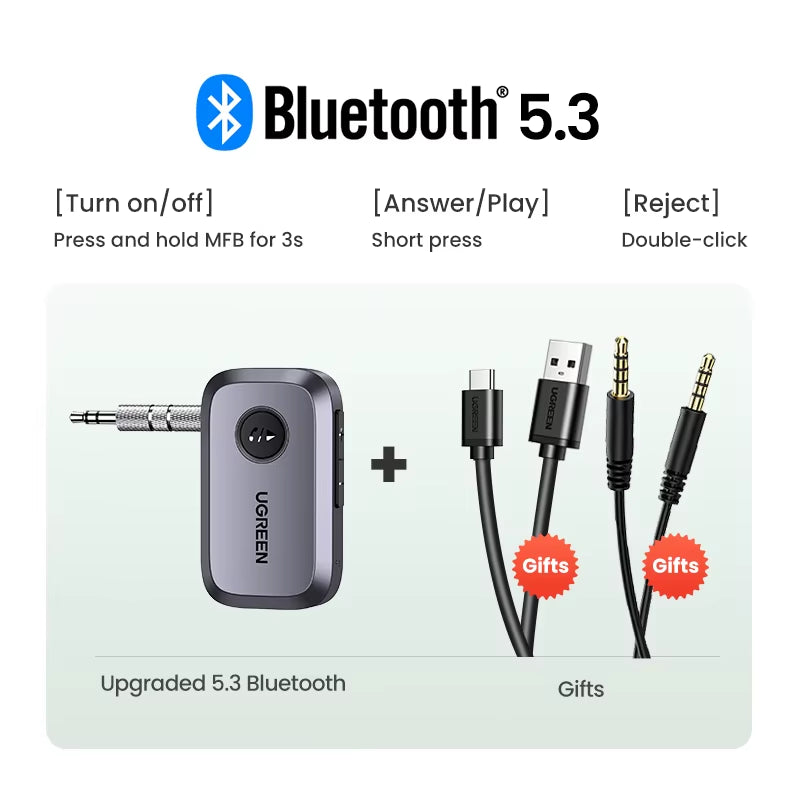 Bluetooth Car Receiver Adapter 3.5Mm AUX Jacks for Car Speakers Audio Music Receiver Hands Free Bluetooth 5.3 Adapter