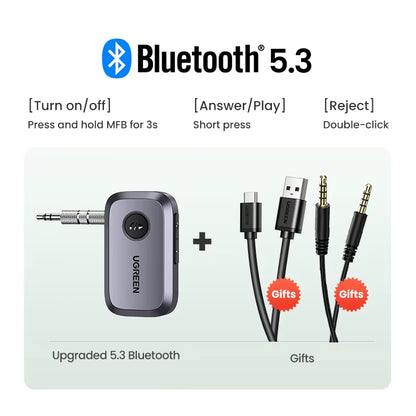 Bluetooth Car Receiver Adapter 3.5Mm AUX Jacks for Car Speakers Audio Music Receiver Hands Free Bluetooth 5.3 Adapter