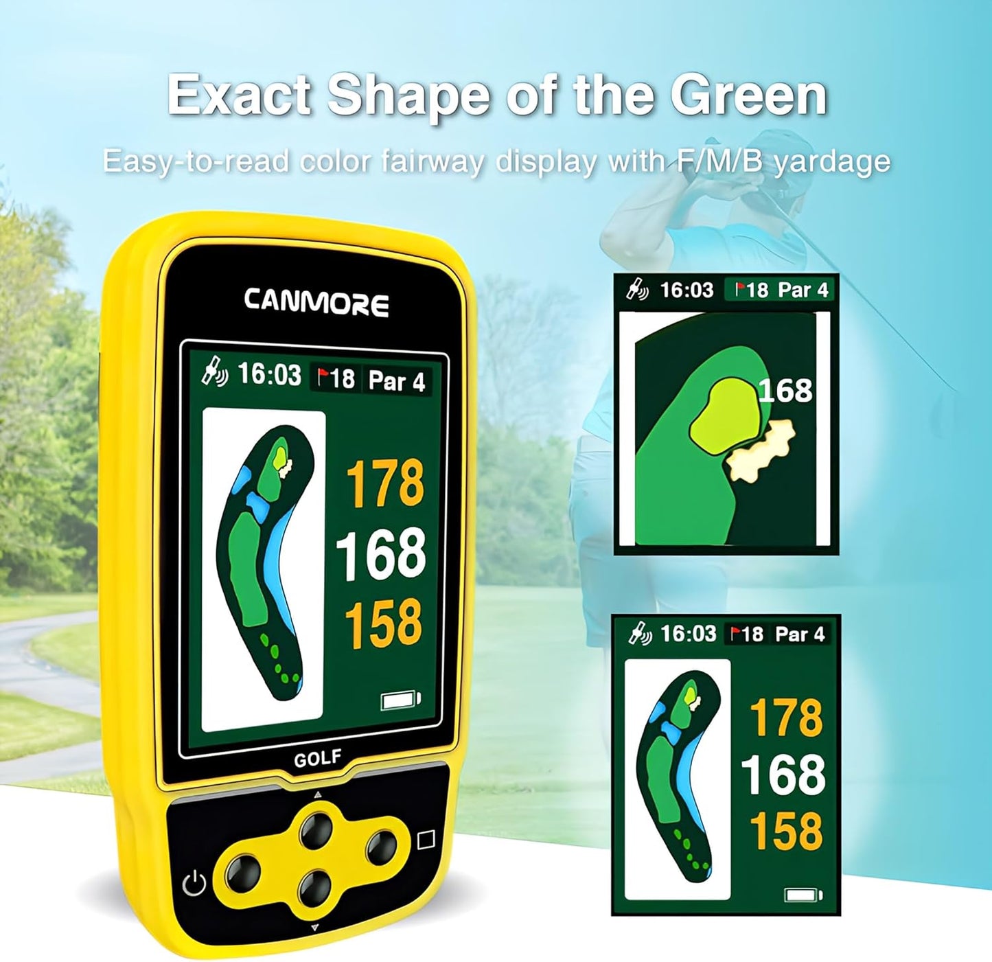 HG500 Golf GPS - Extra Large Easy-To-Read Color Display, Preloaded 41,000 Course Map Worldwide Shape of the Green and the Fairway(Yellow)