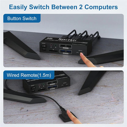 4K 240Hz 2X2 HDMI DP KVM Switch Dual Monitor Extended Display USB KVM Switcher 2 in 2 Out for 2 Computers 2 Monitors