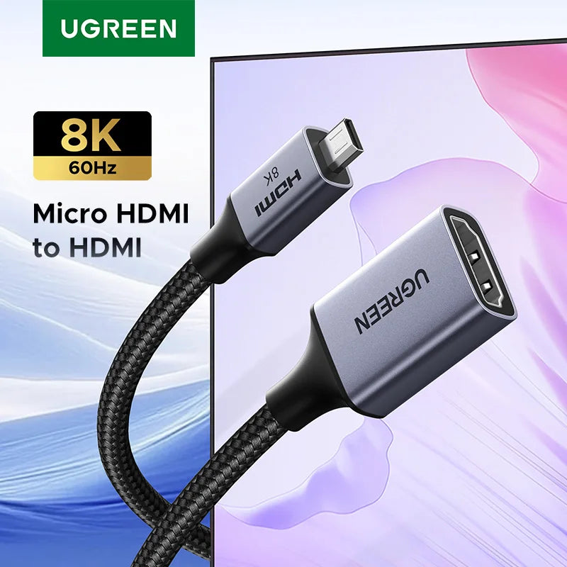 Micro HDMI to HDMI Adapter 8K 60Hz 3D for Gopro Hero 7 Raspberry Pi 4 Sony Nikon with Braided HDMI Cable