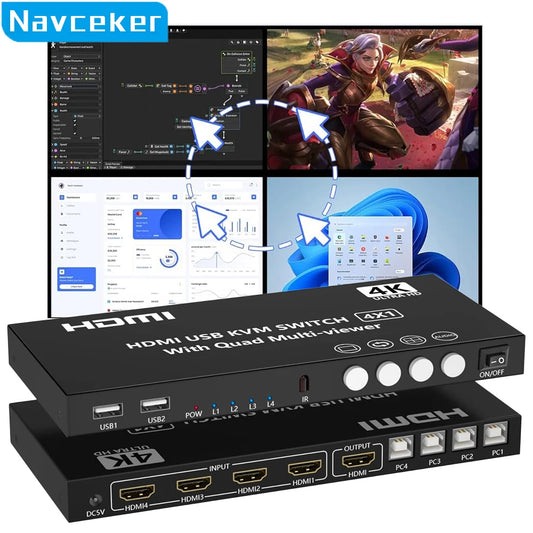 4K HDMI KVM Switch 4X1 Quad Multi Viewer 4 in 1 Out KVM HDMI Screen Multiviewer Seamless for 4 PC Share Mouse Keyboard