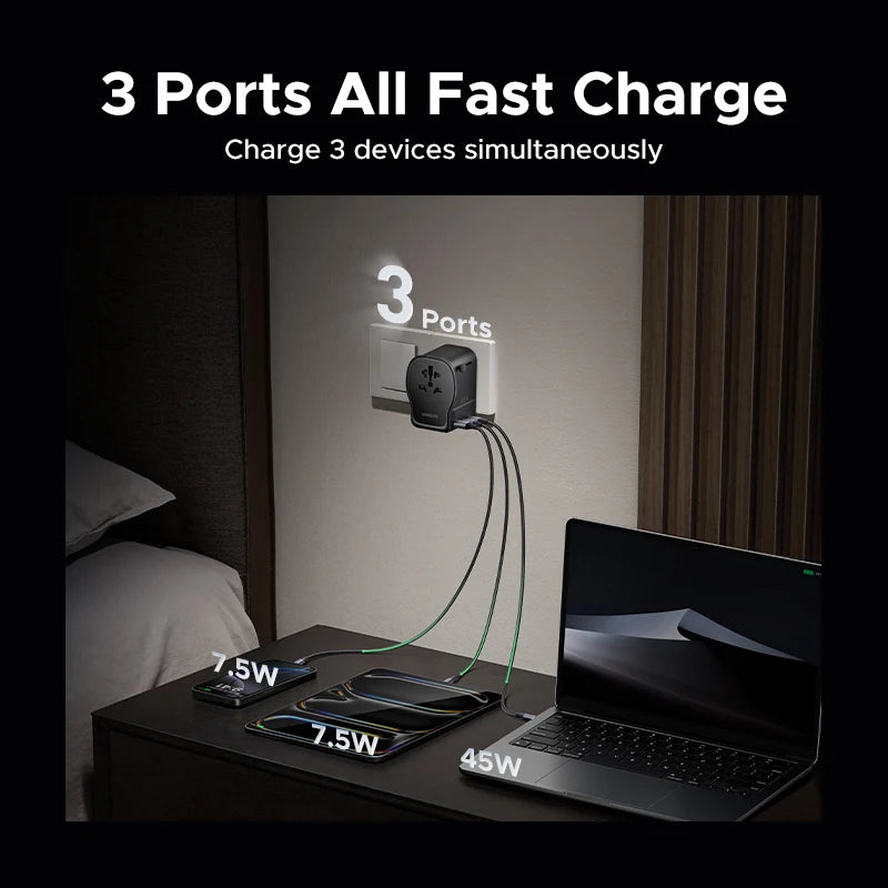 65W Universal Travel Adapter 2 USB-C 1 USB-A AC Socket CE FCC UKCA TÜV Certified for EU US UK JP KR CN Surge Protection
