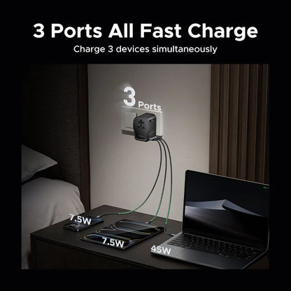 65W Universal Travel Adapter 2 USB-C 1 USB-A AC Socket CE FCC UKCA TÜV Certified for EU US UK JP KR CN Surge Protection