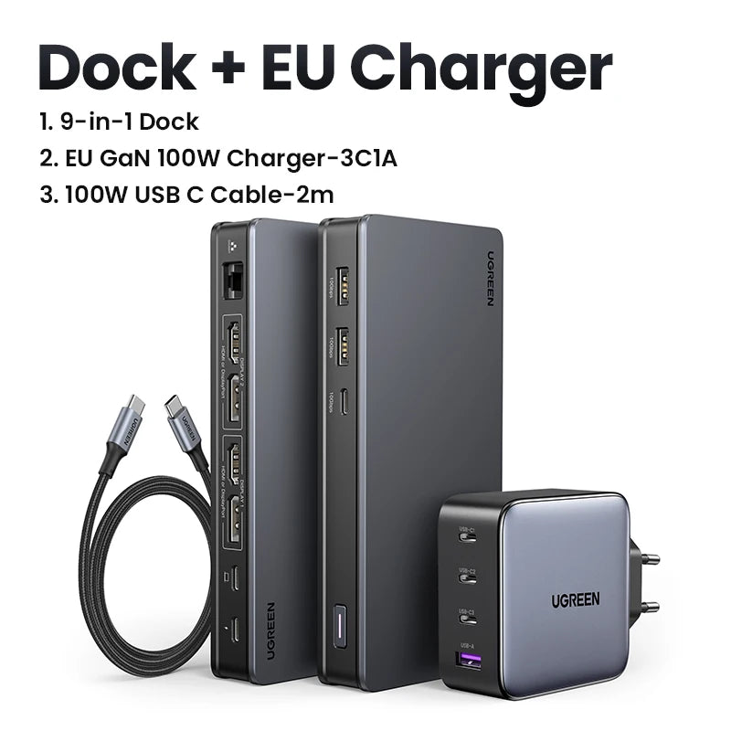 USB C HUB Docking Station Displaylink 9-In-1 2DP 2HDMI Dual 4K@60Hz for Macbook Windows 10Gbps PD100W Gigabit RJ45 Ports