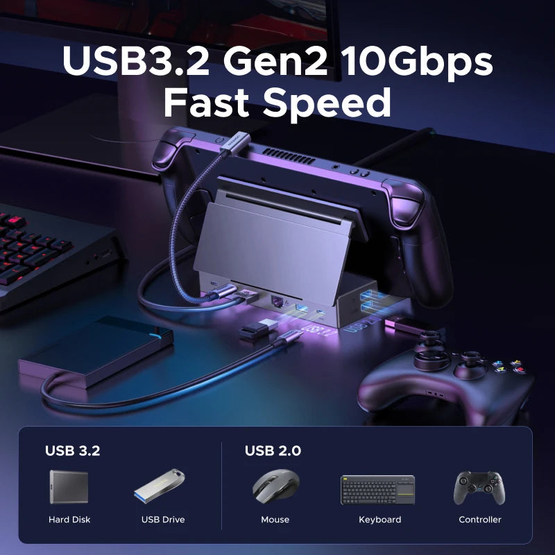 Steam Deck Docking Station 10Gbps USB-C to 4K120Hz Displayport Gigabit RJ45 PD100W TF/SD for PC Ipad Rog Ally/X Legion Go