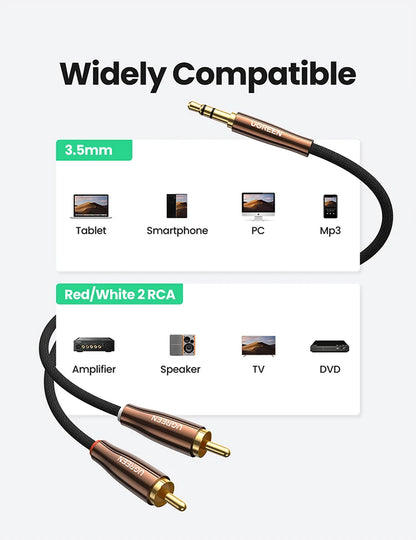 RCA Cable 2RCA to 3.5Mm Hi-Fi Nylon-Braided RCA to AUX Audio Cable for DJ Controller Speaker Turntable TV Car Stereo