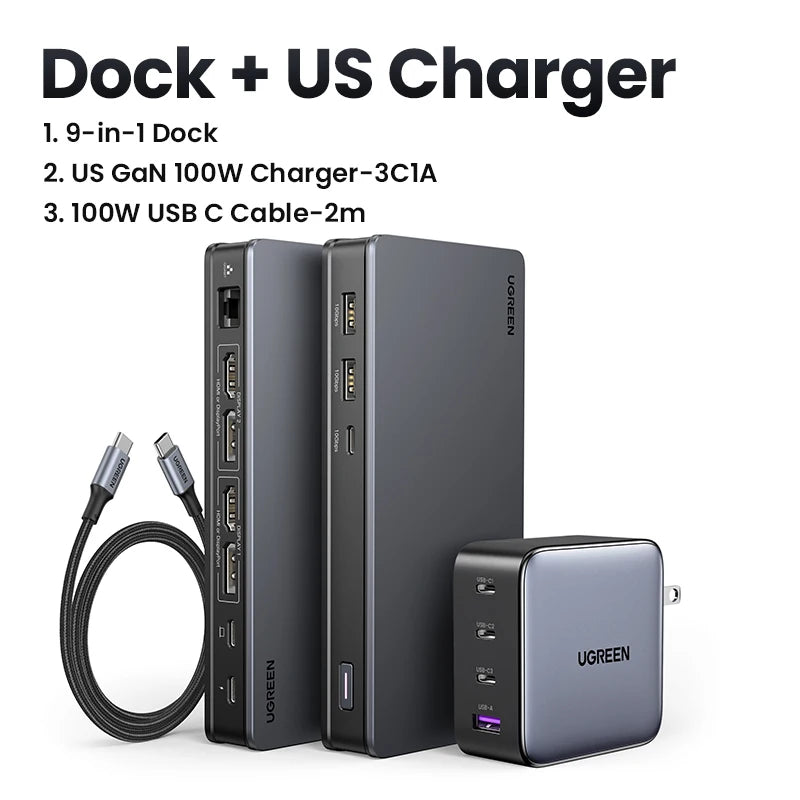 USB C HUB Docking Station Displaylink 9-In-1 2DP 2HDMI Dual 4K@60Hz for Macbook Windows 10Gbps PD100W Gigabit RJ45 Ports