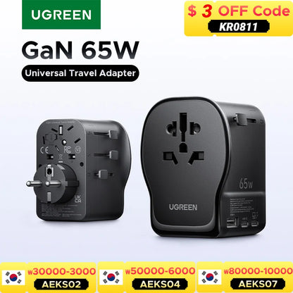 65W Universal Travel Adapter 2 USB-C 1 USB-A AC Socket CE FCC UKCA TÜV Certified for EU US UK JP KR CN Surge Protection