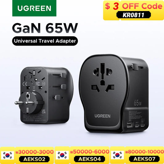 65W Universal Travel Adapter 2 USB-C 1 USB-A AC Socket CE FCC UKCA TÜV Certified for EU US UK JP KR CN Surge Protection