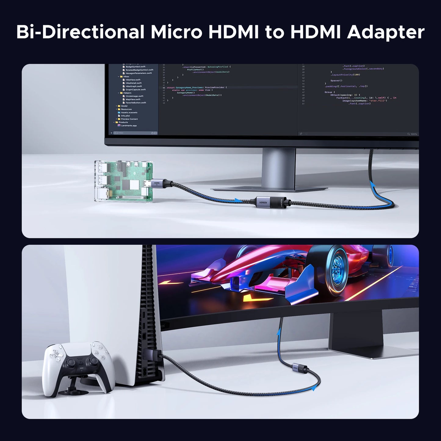 Micro HDMI to HDMI Adapter 8K 60Hz 3D for Gopro Hero 7 Raspberry Pi 4 Sony Nikon with Braided HDMI Cable