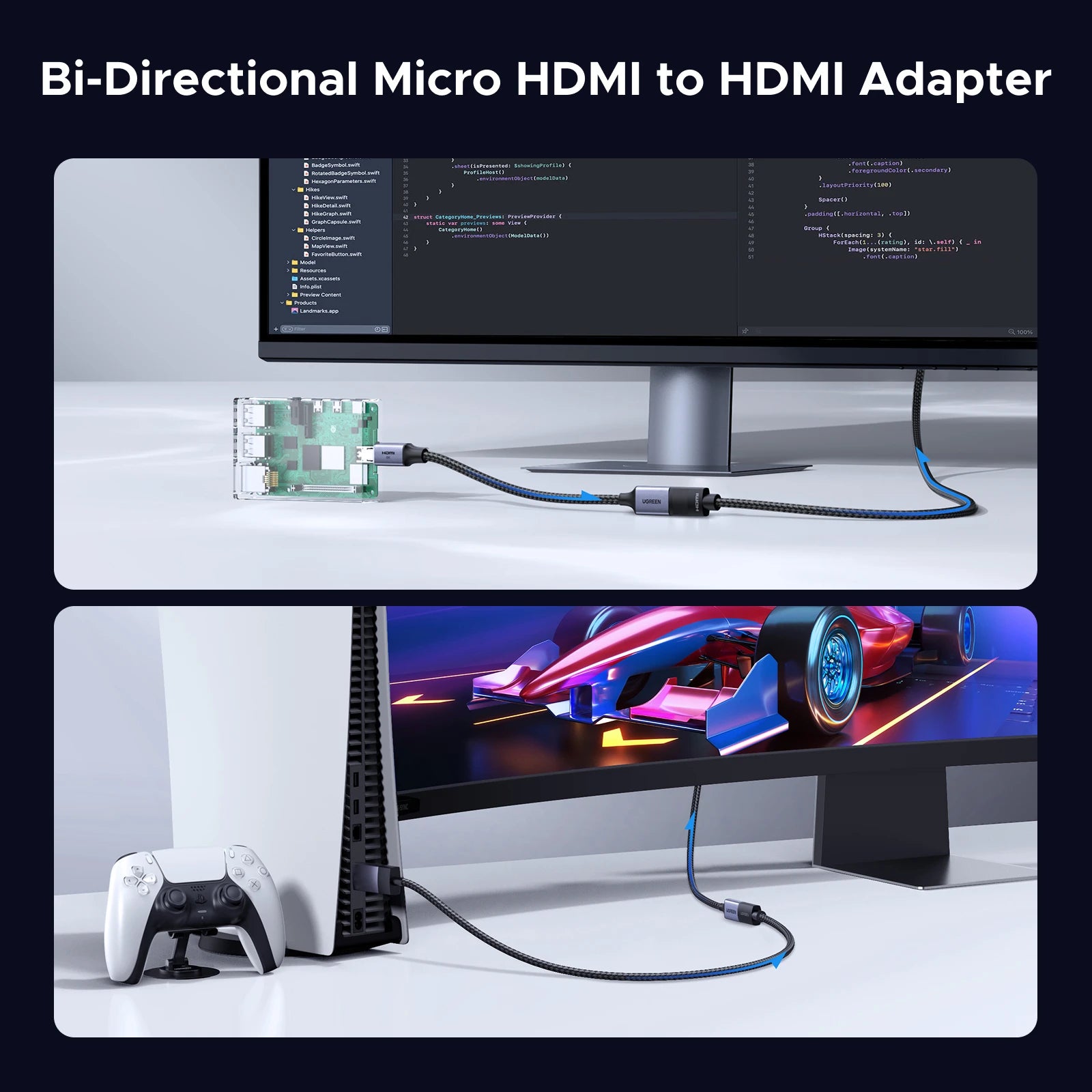 Micro HDMI to HDMI Adapter 8K 60Hz 3D for Gopro Hero 7 Raspberry Pi 4 Sony Nikon with Braided HDMI Cable
