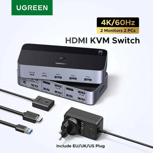 HDMI KVM Switch for 2 Monitor 2 Pcs 4K 60Hz USB C USB 3.0 Sharing Monitor Keyboard Mouse Printer with HDR 3D Support