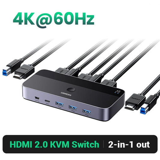 4K@60Hz HDMI KVM Switch USB3.0 KVM Switcher 2 Pcs Sharing 1 Monitor,Printer,Keyboard,Mouse Switch Support 3D ,HDR Vision