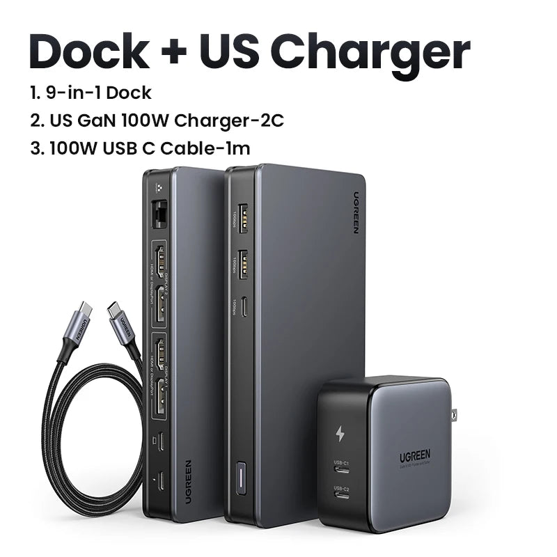 USB C HUB Docking Station Displaylink 9-In-1 2DP 2HDMI Dual 4K@60Hz for Macbook Windows 10Gbps PD100W Gigabit RJ45 Ports