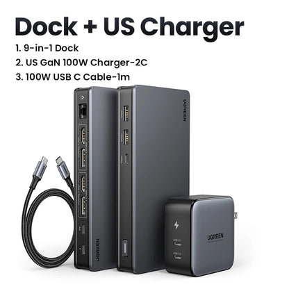USB C HUB Docking Station Displaylink 9-In-1 2DP 2HDMI Dual 4K@60Hz for Macbook Windows 10Gbps PD100W Gigabit RJ45 Ports