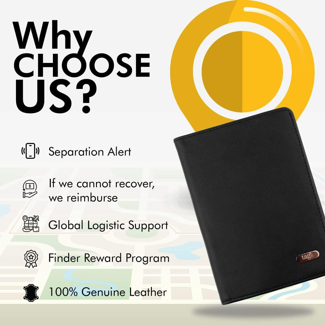 Smart Passport Holder Case (Black)- Genuine Leather with Anti- Theft Bluetooth Tracking, Separation Alert, Android and Ios Compatible