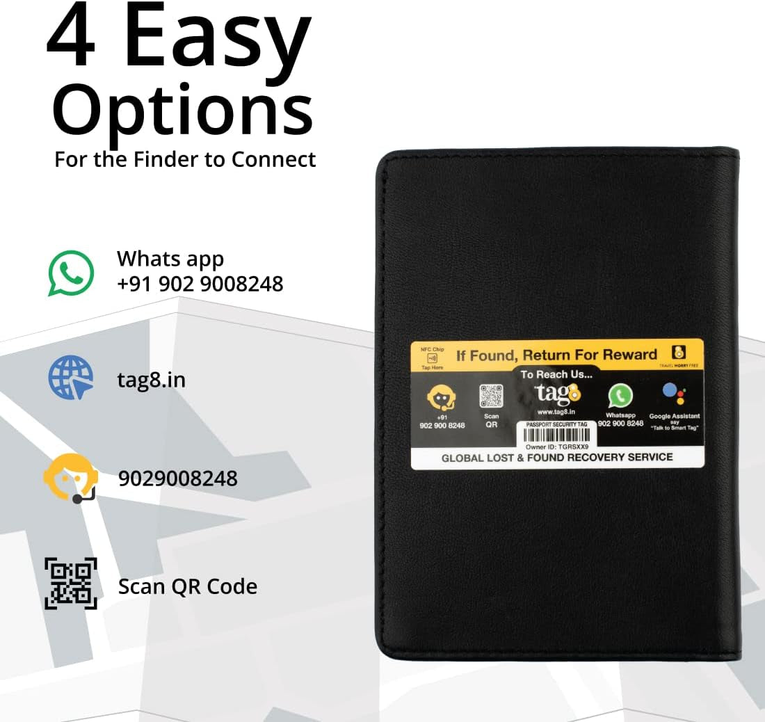 Smart Passport Holder Case (Black)- Genuine Leather with Anti- Theft Bluetooth Tracking, Separation Alert, Android and Ios Compatible