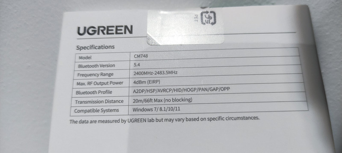 Ugreen USB Bluetooth 5.4 Wireless Dongle Adapter Receiver for PC - Black