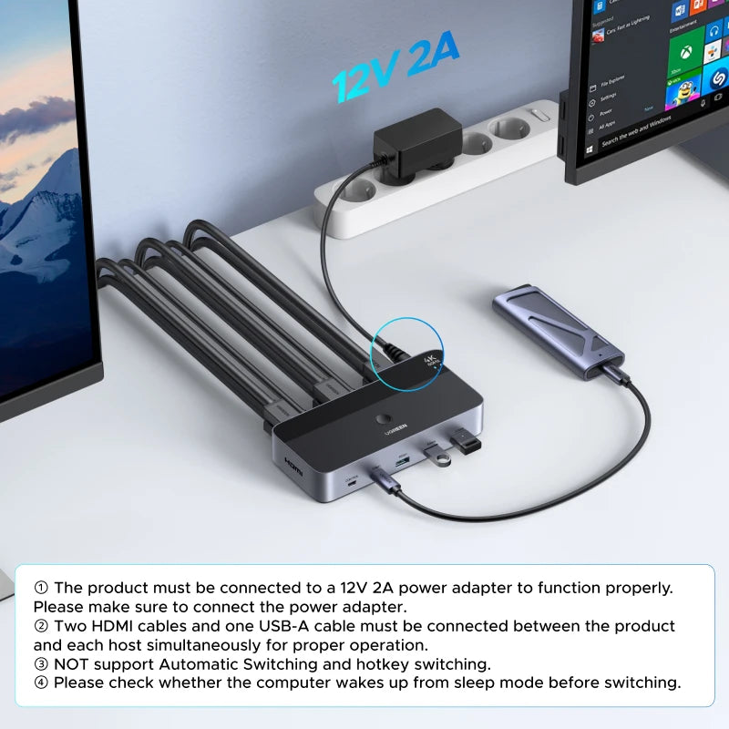 HDMI KVM Switch for 2 Monitor 2 Pcs 4K 60Hz USB C USB 3.0 Sharing Monitor Keyboard Mouse Printer with HDR 3D Support