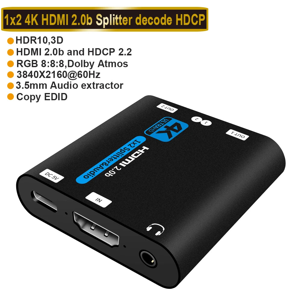 2023 Best HDMI Splitter 1X2 HDMI 2.0 Splitter 4K HDMI Video Audio Splitter Support 3D HDR 4K 60Hz Splitter HDMI 1X4 for Laptop