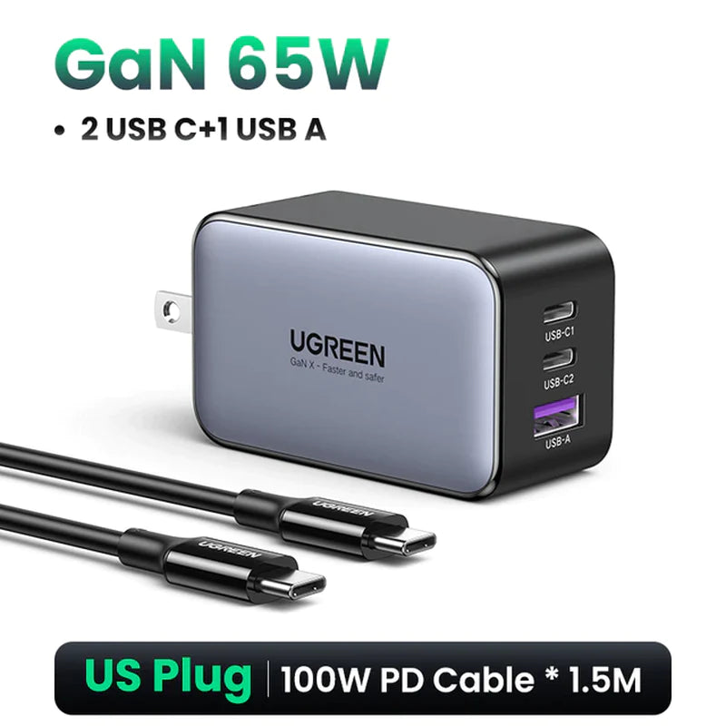 UGREEN 65W Gan Charger Quick Charge 4.0 3.0 Type C PD USB Charger for Iphone 14 13 12 Pro Max Fast Charger for Laptop PD Charger