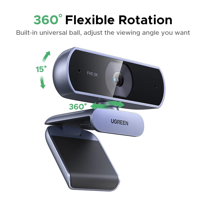 2K Webcam with Microphone, Full HD USB Web Camera, Adjustable FOV, Auto Light Correction, Video Webcam for Streaming