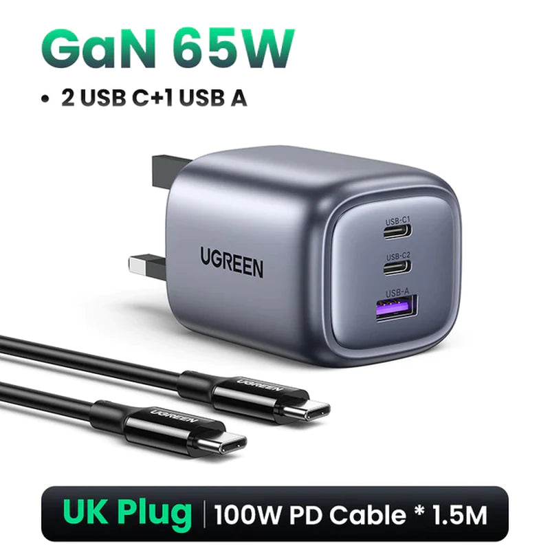 UGREEN 65W Gan Charger Quick Charge 4.0 3.0 Type C PD USB Charger for Iphone 14 13 12 Pro Max Fast Charger for Laptop PD Charger