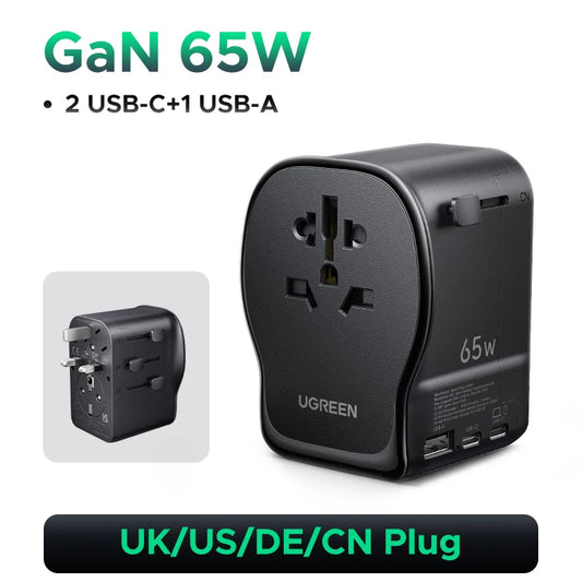 65W Universal Travel Adapter 2 USB-C 1 USB-A AC Socket CE FCC UKCA TÜV Certified for EU US UK JP KR CN Surge Protection