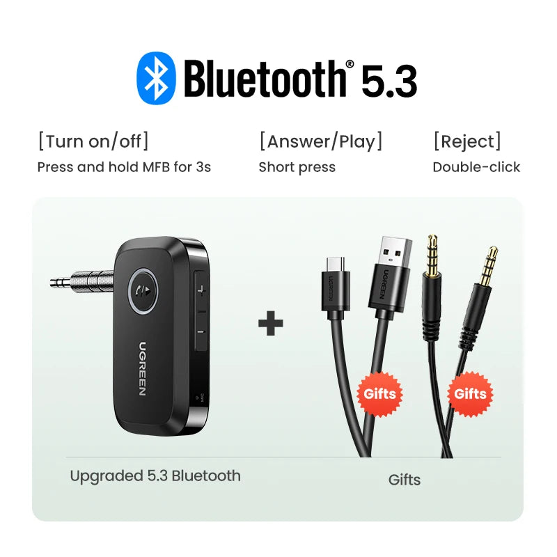Bluetooth Car Receiver Adapter 3.5Mm AUX Jacks for Car Speakers Audio Music Receiver Hands Free Bluetooth 5.3 Adapter