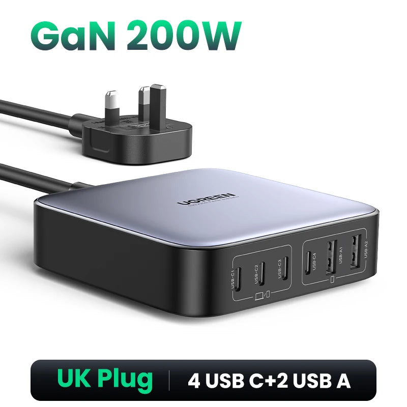 200W Gan Charger Desktop Laptop Fast Charger 6 in 1 Adapter for Iphone 16 15 Pro Xiaomi Samsung Tablets Macbook Charger