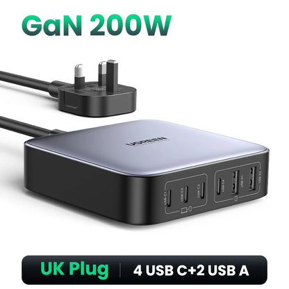 200W Gan Charger Desktop Laptop Fast Charger 6 in 1 Adapter for Iphone 16 15 Pro Xiaomi Samsung Tablets Macbook Charger