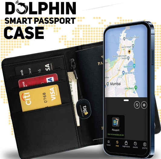 Smart Passport Holder Case (Black)- Genuine Leather with Anti- Theft Bluetooth Tracking, Separation Alert, Android and Ios Compatible