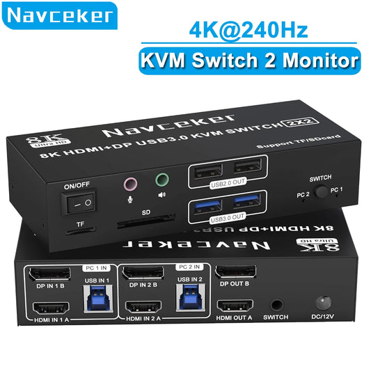4K 240Hz 2X2 HDMI DP KVM Switch Dual Monitor Extended Display USB KVM Switcher 2 in 2 Out for 2 Computers 2 Monitors