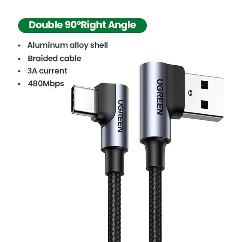Ugreen USB C Cable for Samsung S9 S10 plus Quick Charge 3.0 Right Angled USB Type C Fast Charger Data Cable for Game USB-C Wire