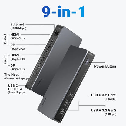 USB C HUB Docking Station Displaylink 9-In-1 2DP 2HDMI Dual 4K@60Hz for Macbook Windows 10Gbps PD100W Gigabit RJ45 Ports