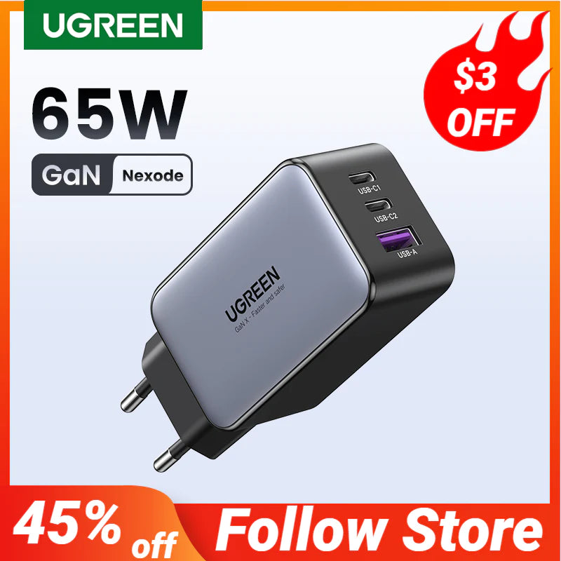 UGREEN 65W Gan Charger Quick Charge 4.0 3.0 Type C PD USB Charger for Iphone 14 13 12 Pro Max Fast Charger for Laptop PD Charger