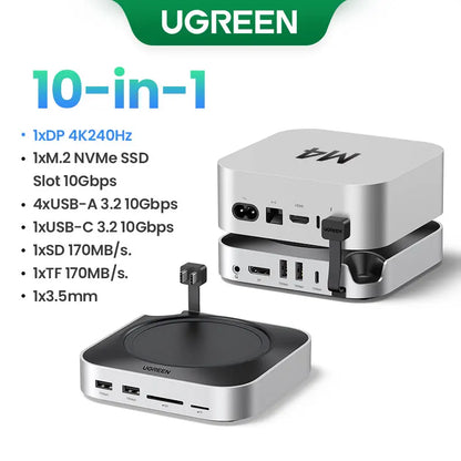 USB HUB Mac Mini Docking Station Type-C to DP 4K240Hz M.2 Nvme SSD Slot 10Gbps USB-A Splitter SD&TF 3.5MM for Mac Mini M4